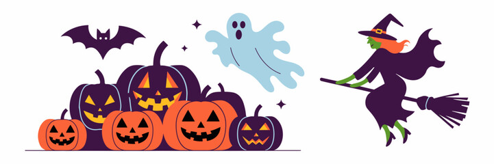 Halloween icon set with pumpkins, ghost, bat, and flying witch – Suitable for spooky season designs, party invites, or themed visuals