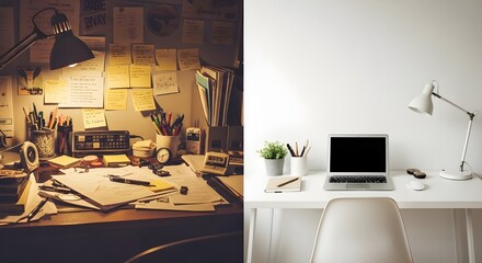 Messy and tidy desk comparison, work from home concept