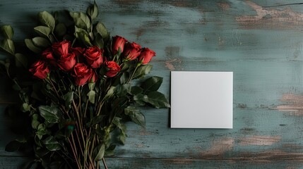 A beautiful bouquet of fresh red roses positioned next to a blank white card, perfect for expressing love and affection in a romantic gesture.