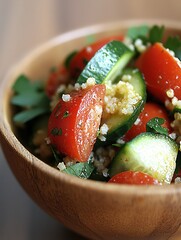 Fresh Healthy Salad with Tomatoes, Cucumbers, and Herbs in Bowl