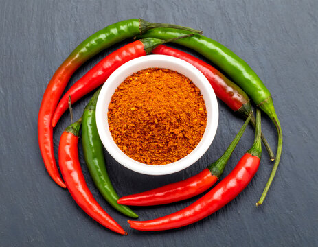 Chili Powder and Fresh Chili Peppers: A small white bowl filled with vibrant red chili powder is surrounded by a ring of fresh red and green chili peppers.
