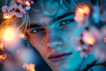 Dark night and warm mystic light - complementary lighting, spring mood idea. Handsome young guy inhaling the aromatic of cherry blossoms. Fashionable man in cherry blossom garden.