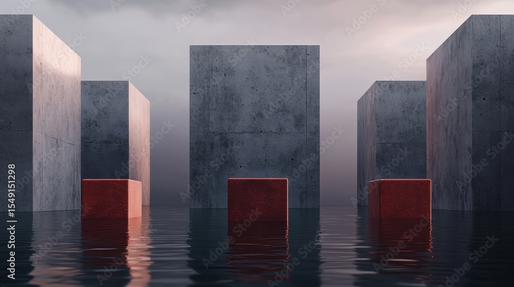 Poster a surreal abstract image featuring floating geometric cubes in a reflective water environment, creat