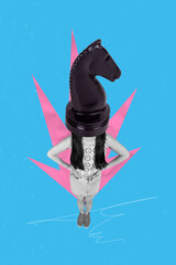Vertical poster image art collage of anonym girl instead head black chess figurine knight logic...