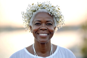 Happy pretty black midlife woman with blond hair wearing white flower circlet on her head. Happy holiday season picture. Morning glow. Woman enjoying a tranquil retreat.
