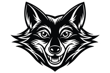 Bold fox head in black and white reveals sharp teeth and piercing eyes