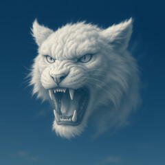 Surreal illustration of roaring white wildcat head made of clouds against blue sky representing fierce imagination power and fantasy sky creature concept