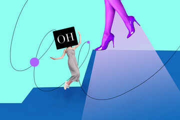 Composite poster image art collage of anonym girl stand oh letters instead head female legs heels...