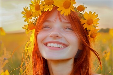 Happy vacation time concept art. Happy pretty caucasian young girl woman with red hair wearing yellow flower circlet on her head. Golden hour in sunset. Vacation happiness with flowers.