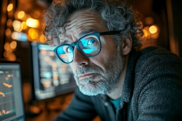 Idea of it. Techie caucasian midlife man in laid-back, statistics reflections in his glasses. Software developer looks very irritated at the monitor in dark server farm. Man reading ai news.