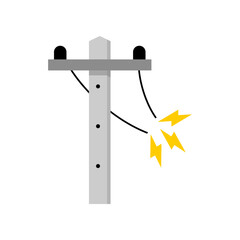 Broken electric wire of high power voltage pole is damaged and short circuit spark cause danger electrocution risk icon flat vector design