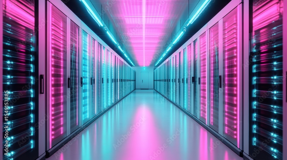Poster this image showcases a modern data center illuminated by vibrant neon lighting, featuring rows of se