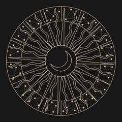 Vector illustration set of moon phases. Different stages of moonlight activity in vintage engraving style. Zodiac Signs	