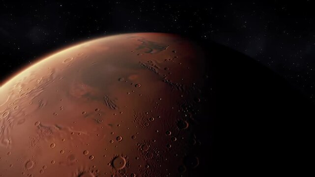 Mars surface shines brightly, orbiting in space, revealing a rocky landscape, space exploration, astronomy, planetary science, rendering, with copy space, close-up.