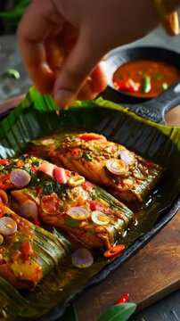 Cambodian amok fish - delicate fish steamed in banana leaves with a fragrant curry paste and creamy coconut milk. A taste of Cambodia