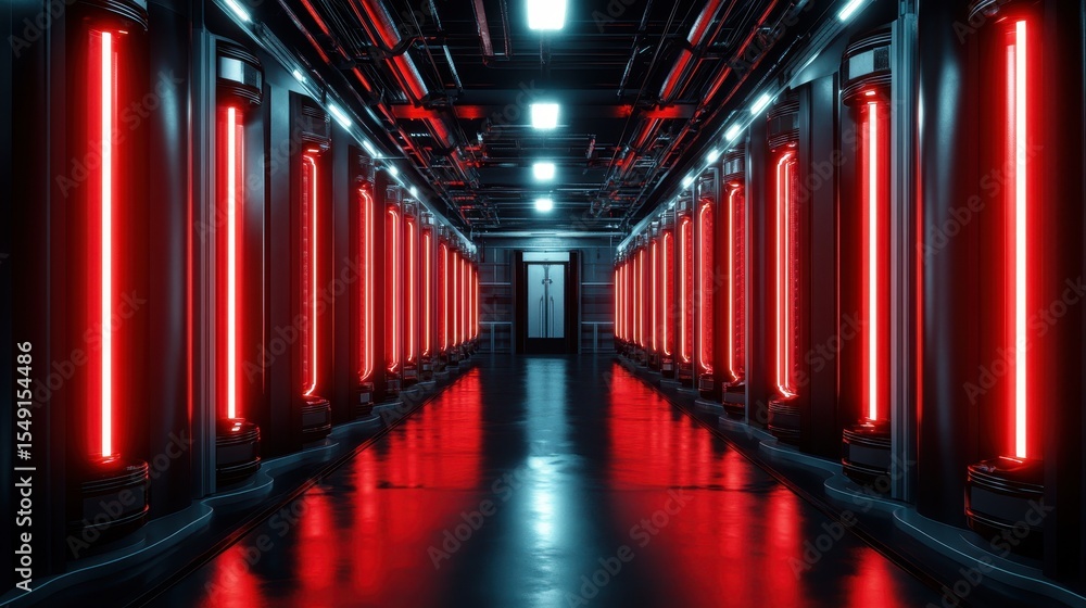 Poster a striking image of a high-tech data corridor bathed in red light, presenting a futuristic and sophi