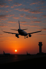 Commercial airplane landing at airport during dramatic sunset with control tower in background representing travel aviation and evening flight arrival