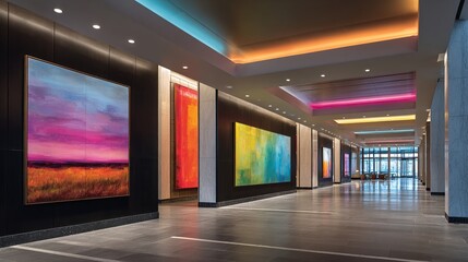 Modern hall with vibrant paintings and colorful lights in an elegant interior