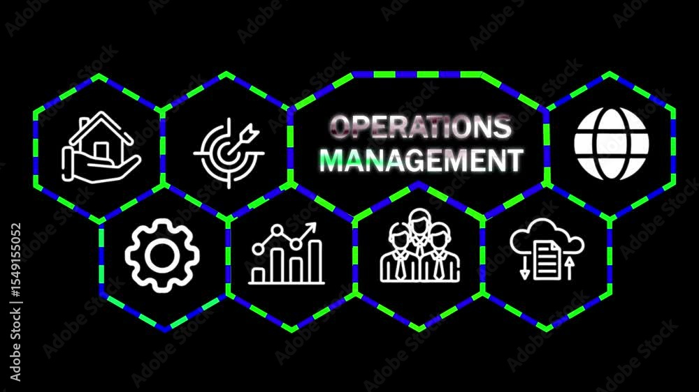 Poster a operations management concept button on a futuristic ,beautiful abstract wave technology black bac
