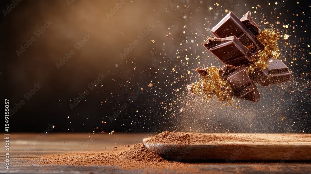 Poster a dynamic shot of a chocolate bar exploding into pieces, releasing cocoa powder clouds, symbolizing 