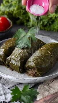 Armenian dolma, grape leaves stuffed with seasoned rice and ground meat, on a plate. A delicious and traditional appetizer from Armenian cuisine, also popular in Mediterranean Middle Eastern regions
