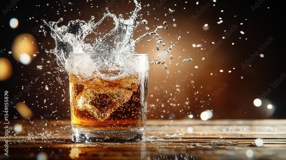 Poster a dynamic image showcasing a refreshing drink splashing in a glass filled with ice, creating a visua
