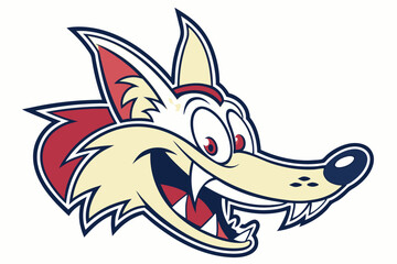 Animated smiling coyote head with red accents and toothy grin stands out against white