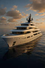 Luxury yacht cruising on calm ocean water during golden hour with dramatic sky representing wealth relaxation and high end maritime lifestyle