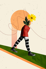 Vertical image poster art pop collage of anonym girl half body chrysanthemum flower bloom spring...