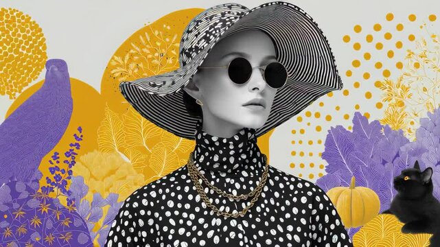 Trendy woman in black-and-white fashion turns head from crow to cat in surreal, colorful art scene