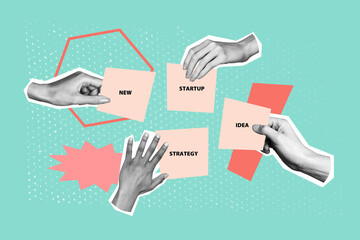 Obraz na płótnie Canvas Trend artwork banner 3D photo collage of silhouette four hands hold sticker new startup idea strategy venture trade development beginning