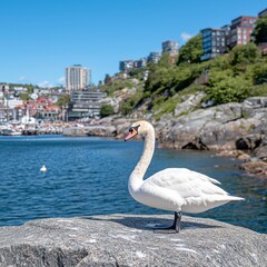 Obraz premium White Swan on Harbor Rock with Cityscape Background