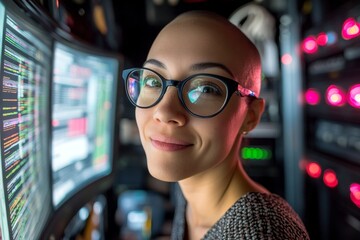 Background is a dark room with nodes. Business analyst forecasting trends. Statistics reflections in her glasses. A very happy adult woman with tt hair wearing looks at the monitor.