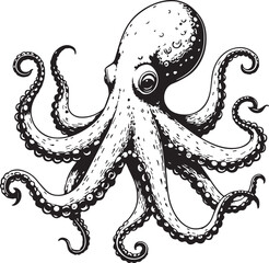 Ocean's Enigma: A detailed monochrome illustration of an octopus, featuring intricate textures and a captivating gaze, rendered in a classical style.