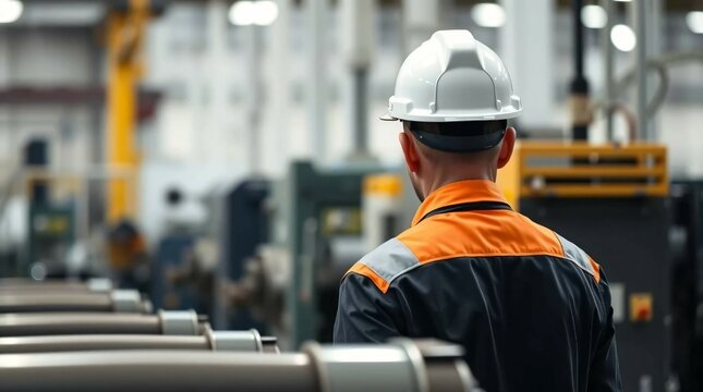 Back view of engineer in uniform at factory works with equipment and checks it