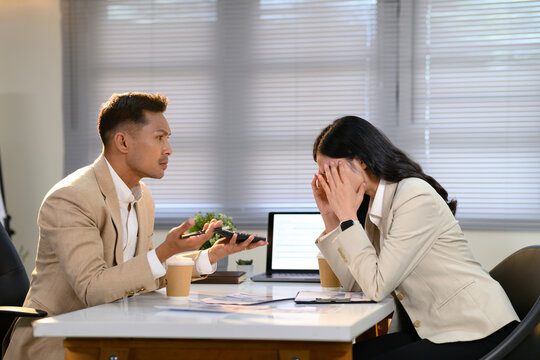 Tense business meeting with emotional expressions showing workplace pressure and burnout - Powered by Adobe