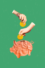 Trend artwork banner sketch 3D photo collage of piggy box hand hold pull money collect finance...