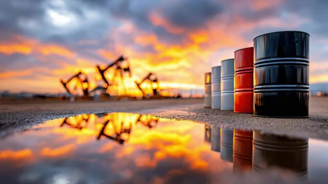Oil barrels stand near pumpjacks at an industrial oil field.  Video for energy, industry, fuel, resources, environment, investment, and technology projects