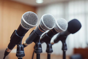 group of microphones together against a blurry background