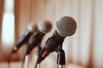 group of microphones together against a blurry background