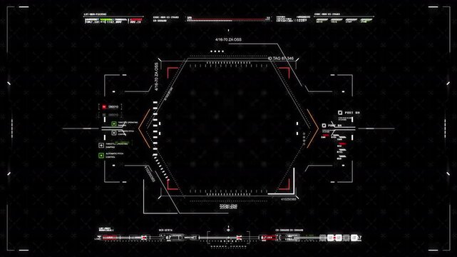Futuristic HUD Interface Display with Hexagon Target Lock and Data Readouts on Black Background.Alpha Chanel. The background can be remove using a blending mode like add. - Powered by Adobe