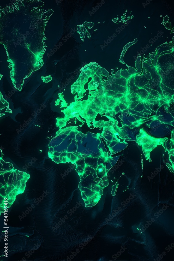 Aufkleber abstract digital map of the world with neon lines representing roads and pathways against a dark bac