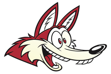 Cartoon red fox head is grinning with large teeth and big eyes