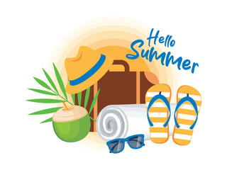 Hello summer banner with flip flops, towel, suitcase, sunglasses and coconut drink vector illustration. Hat, blue sunglasses and palm leaf vector. Tropical vacation and travel design element