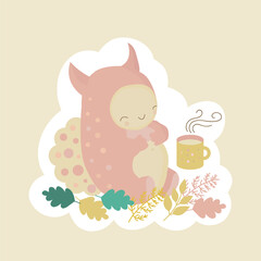 A cute pink monster spends time drinking a mug of hot tea, or coffee and cookies. Cozy autumn picnic in the park or in nature among plants and fallen leaves. Friendly funny character.
