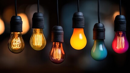 Seven incandescent light bulbs, diversely colored (amber, gold, orange, teal, purple, reddish-orange, and clear), hang from black cords against a blurred, dark background with bokeh lights