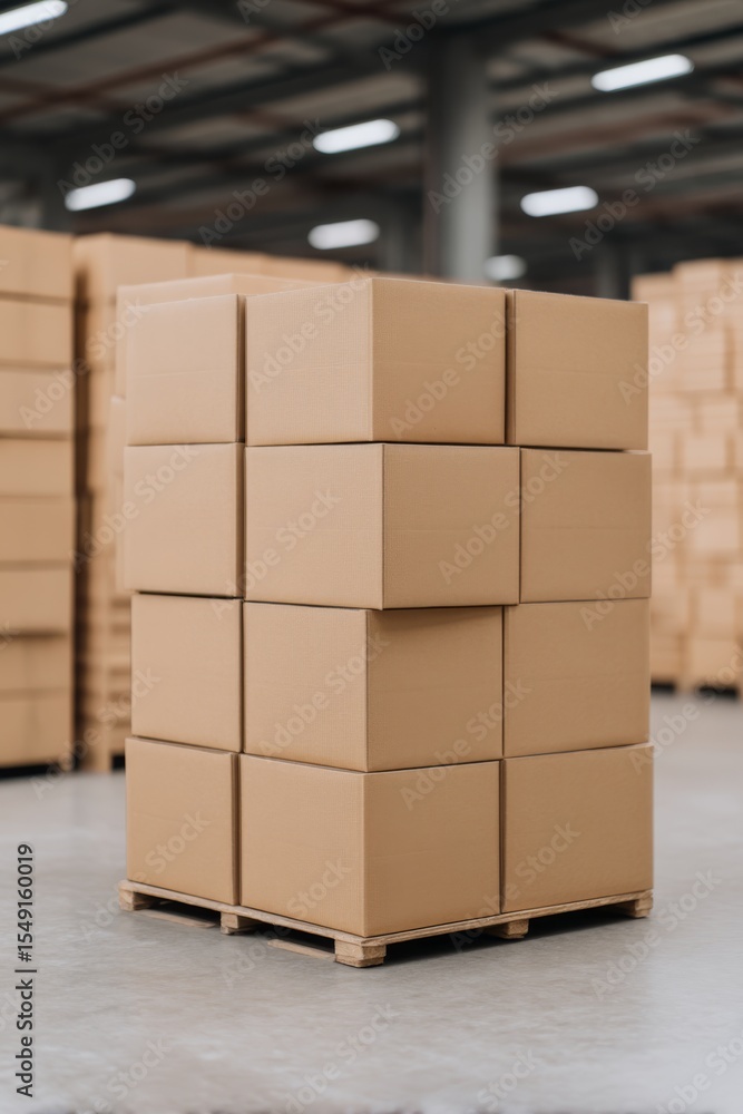 Poster a stack of cardboard boxes on a pallet in a warehouse setting, showcasing a clean and organized stor