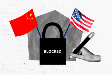 Trend artwork banner sketch 3D collage of hand hold pencil flag usa china lock blocked sanction...