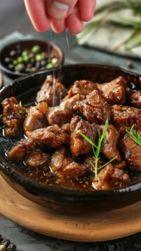 Filipino adobo in a ceramic bowl. Chicken and pork simmered in soy sauce, vinegar, and garlic