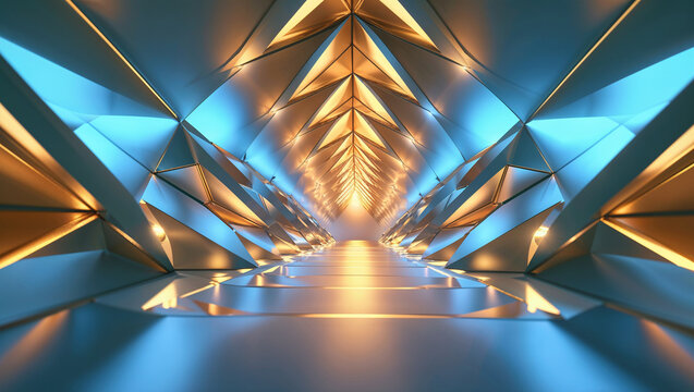 Abstract futuristic geometric tunnel with metallic surfaces and illuminated pathways into the distance